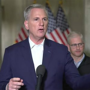 House Speaker Kevin McCarthy (R-Calif.) answers questions about the debt ceiling deal at a Sunday press conference, with Rep. Patrick McHenry (R-N.C.) at his right