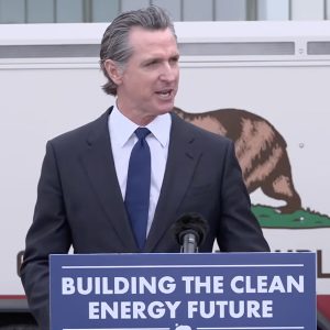 Gov. Gavin Newsom spoke about his clean energy transition plan outside Moxion Power's new factory in Richmond, Calif.