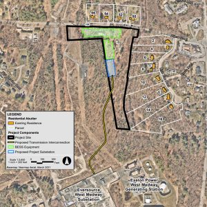 The layout of the Medway Grid battery project in Medway, Mass., is shown.