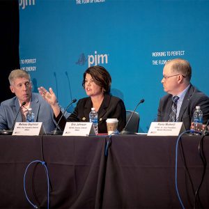 Panelists from several RTOs discussed how stakeholders can learn their their experiences on reliaiblity, security and the clean energy transition. From left, Stu Bresler, PJM; Melissa Seymour, MISO; Eric Johnson, ISO-NE; Rana Mukerji, NYISO; and David Kelley, SPP.