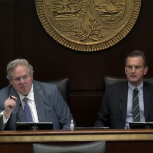 South Carolina Rep. John Taliaferro West IV (R) (left) and Sen. Tom Davis (R) at a May 1 hearing on Brattle's recommendations that the state join an RTO