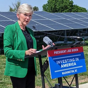 Energy Secretary Jennifer Granholm announces new funding for community solar with D.C.'s largest community solar project as a backdrop.