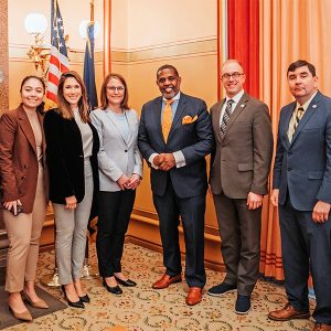 NYSERDA President Doreen Harris, center, poses Thursday with members of the N.Y. Senate Energy and Telecommunications Committee. From left are Sens. Mario Mattera, Kristen Gonzalez, Michelle Hinchey, Kevin Parker, Mark Walczyk and John Mannion.