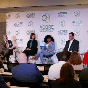 Panelists at ACORE's Policy Forum. From left: Dan Feldman of Covington & Burling, Becca Jones-Albertus of DOE, Lisa Morris of the National Minority Supplier Development Council, Troy Patton of ..rsted Americas, and Kathy Weiss of Nextracker