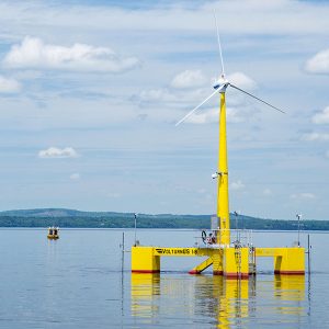 The University of Maine's 1:8 scale experimental floating wind turbine is shown.