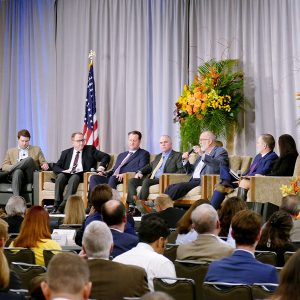 Panelists discuss electric-gas coordination at NARUC's Winter Meetings on Monday. From left: Kentucky PSC Chair Kent Chandler, Indiana Utility Regulatory Commission Chair Jim Huston, AGA Chief Regulatory Counsel for Energy Matthew Agen, PJM Senior VP of Operations Michael Bryson, NRG Executive Vice President Chris Moser, MISO COO Clair Moeller and Texas PUC Commissioner Lori Cobos.