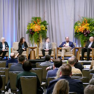 Panelists discuss making the grid smarter through rate design at NARUC Winter Meetings on Monday. From left: Washington Utilities and Transportation Commissioner Ann Rendahl, Arcadia Head of State Regulatory Affairs Angela Navarro, Duke Energy Senior Vice President of Pricing and Customer Solutions Lon Huber, NRG Vice President of Regulatory Affairs Travis Kavulla, and Delaware Public Advocate Andrew Slater.