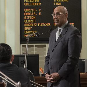 Assemblymember Christopher Holden, seen here speaking on the Assembly floor, will have to convince his fellow lawmakers that CAISO should become an RTO.