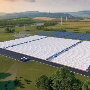 Rendering of battery arrays for renewable energy storage projects at two Xcel Energy coal sites.