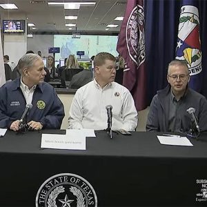 PUC's Peter Lake (left to right), Gov. Greg Abbott, ERCOT CEO Pablo Vegas hold press conference in advance of the winter storm.