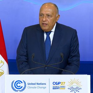 COP27 President Sameh Shoukry addresses the conference's closing plenary in the early hours of Sunday morning.