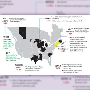 NERC's winter reliability risk area summary. Areas highlighted in black are those at risk of insufficient electricity supplies during peak winter conditions; those highlighted in yellow face risks from limited natural gas infrastructure.