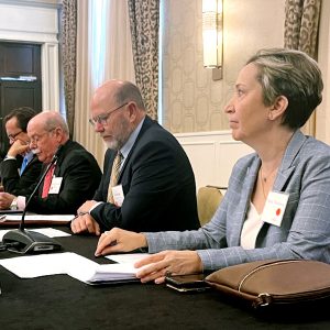 NERC leadership at Wednesday's Board of Trustees meeting in New Orleans. Left to right: Board Chair Ken DeFontes, CEO Jim Robb, Senior Counsel Sonia Mendonca.