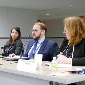 Joseph Hicks, Venable, speaks as (from left) Michael Diamond, Van Ness Feldman, moderator Marcia Hook, Kirkland & Ellis and Amanda Mertens Campbell, The Williams Companies, listen.