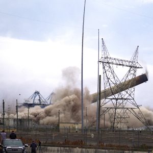 Explosives topple one of the stacks at Duke Energy's retired Crystal River Coal Plant in 2021.