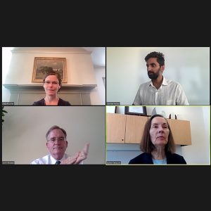 Talking energy storage innovation at the OEP webinar (clockwise from upper left): moderator Kate Frucher, The Clean Fight NY; Sameer Reddy, Energy Impact Partners; Esther Takeuchi, Brookhaven National Laboratory, and John Rhodes, White House Office of Domestic Climate Policy.