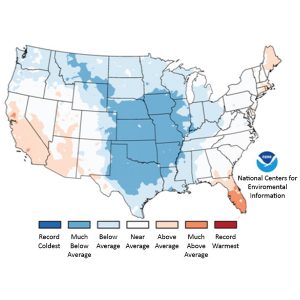 Average temperatures across the continental U.S. in February 2021.