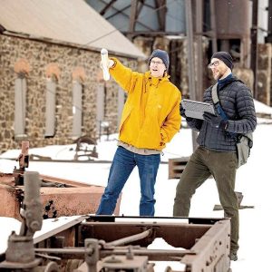 Michigan Tech researchers Timothy Scarlett (left) and Roman Sidortsov assess the Quincy mine in the Upper Peninsula in April.