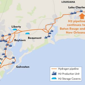 Map shows the existing hydrogen infrastructure in the Gulf Coast region.