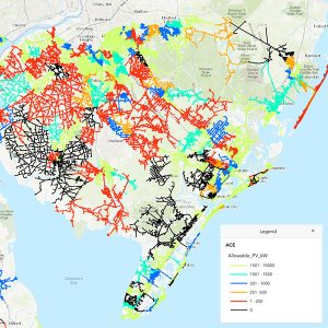 This map of circuits operated by Atlantic City Electric in South Jersey was displayed by the New Jersey Solar Energy Coalition at a state Senate Energy and Environment Committee hearing to show the difficulty of connecting solar projects. Black circuits will not accept solar connections, and red circuits can accept no more than 250 kW.