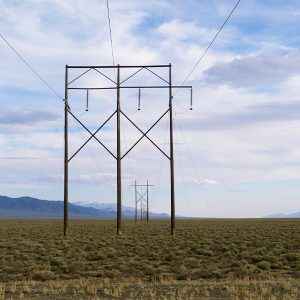 Transmission lines traverse a basin near Highway 50 in central Nevada.