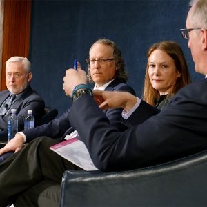 John Moore, Sustainable FERC Project (right) speaks as (left to right) Stephen Gallagher, Brookfield Renewable U.S.; ISO-NE CEO Gordon van Welie; Arne Olson, Energy + Environmental Economics (E3) and Jill Davies, Shell Energy Americas, listen.