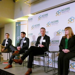 At the ACORE Policy Forum (from left,) Jon Bosworth, legislative director for U.S. Rep. Earl Blumenauer (D-Ore.); Bobby Andres, senior policy adviser for Senate Finance Committee Chair Ron Wyden (D-Ore.); Will Conkling, Google's head of data center energy supply for Americas and EMEA; and Katherine Gensler, vice president of government affairs and marketing for Arevon.