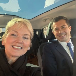 Energy Secretary Jennifer Granholm (left) and Transportation Secretary Pete Buttigieg head out to Takoma Park, Md., in a Ford Mustang Mach E on Dec. 14, to announce the launch of the Joint Office of Energy and Transportation.