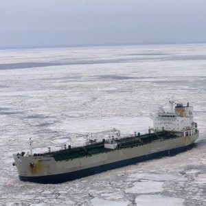 A tanker pushes through ice, outbound from Charlottetown, Prince Edward Island.