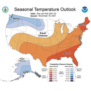 Latest 90 day NOAA weather outlook (11/18/21) indicates a 40-50% probability of above normal temperatures for all of New England and an equal chance for above average or below average precipitation for the winter months.