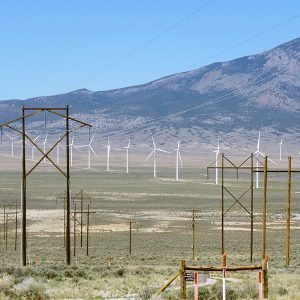 A wind farm and power lines in Eastern Nevada