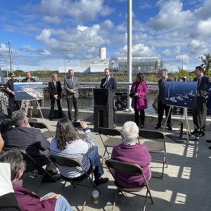 Lars Pedersen, CEO of Vineyard Wind, spoke at a press conference in Salem, Mass., on Sept. 30 about a plan to establish Salem Harbor as a major offshore wind port.