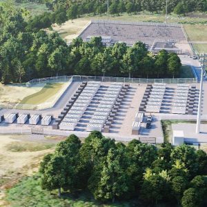 Rendering of the proposed project site for the Cranberry Point Energy Storage battery project in Carver, Mass., next to one of Eversource Energy's existing substations