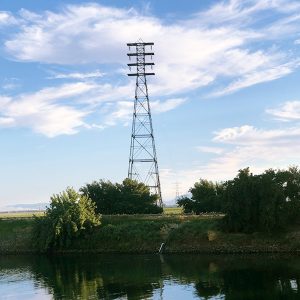 A transmission line crosses the Sacramento Valley in Northern California.