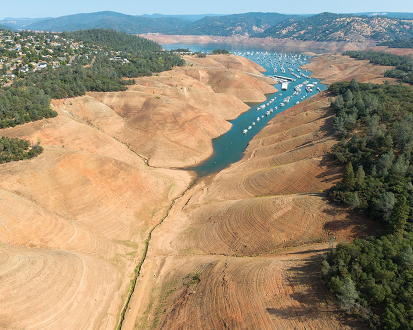 Lake Oroville in Northern California is one of the state's major hydroelectric reservoirs that has dropped to record levels in an extended drought.