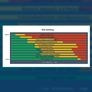 Respondents' ranking of the 11 risks identified in NERC's 2021 ERO Reliability Risk Priorities Report by criticality. Stakeholders were asked if each risk is still relevant and to rank them from 1-11, with 1 lowest and 11 highest. Responses were grouped into "Low" (1-4), "Moderate" (5-8), and "High" (9-11).