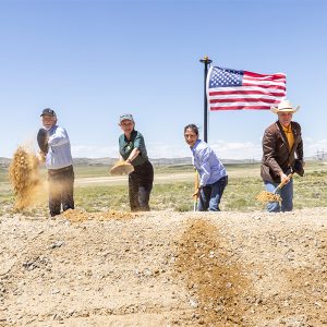 From left: TransWest CEO Bill Miller, Energy Secretary Jennifer Granholm, Interior Secretary Deb Haaland, Wyoming Gov. Mark Gordon and TransWest COO Roxane Perruso participated in the ceremonial groundbreaking.