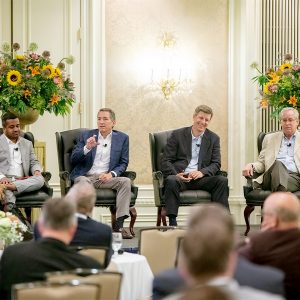 Vistra CEO Jim Burke (second from left) speaks during a June 27 panel at the Mid-Atlantic Conference of Regulatory Utilities Commissioners (MACRUC) Annual Education Conference. He is joined by (from left) PJM Vice President of State Policy Asim Haque, P3 President Glen Thomas and PUCO Commissioner Dan Conway.