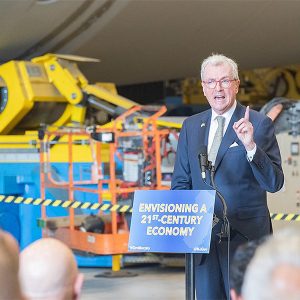 New Jersey Gov. Phil Murphy spoke at a signing ceremony at the new monopile factory in the Port of Paulsboro, N.J. He signed a bill that would allow the state's first OSW project, Ocean Wind 1 project, to get federal tax credits. 