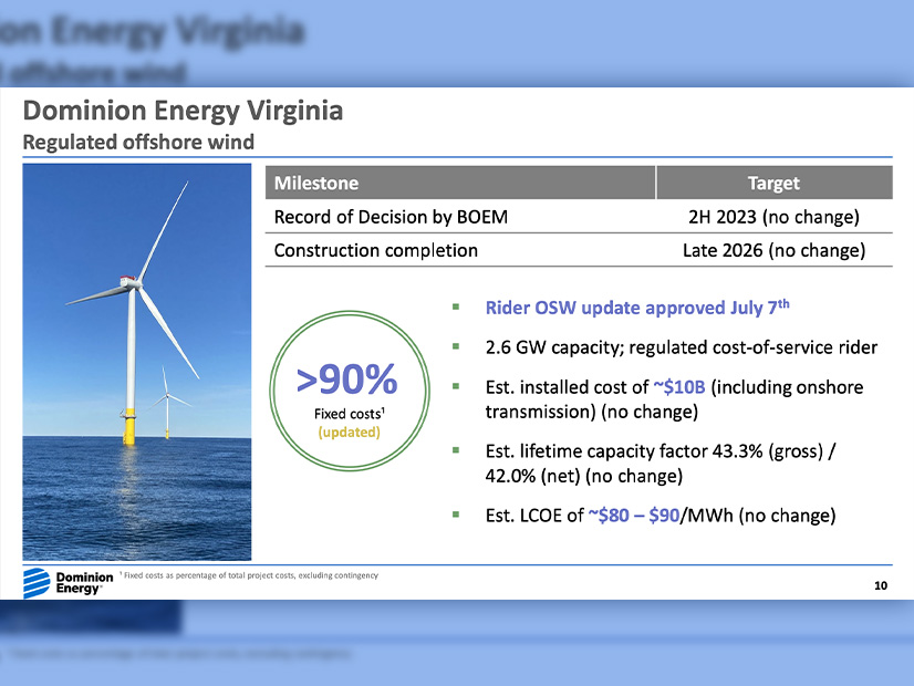 A slide from Dominion showing progress on its Coastal Virginia Offshore Wind project. 