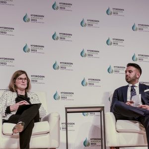 FERC Commissioner Allison Clements and the Sustainable Energy Council Executive Director Gurpreet Hayre at the Hydrogen Americas Summit on Tuesday