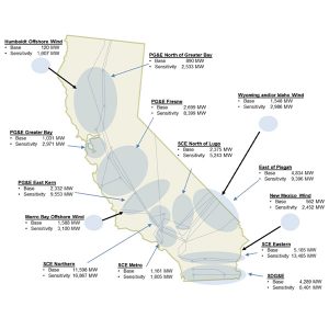 Map shows the transmission zones and the installed capacity of resources in the CPUC's base and sensitivity portfolios for the 2022/23 transmission planning cycle. The transmission zones are aligned with the transmission interconnection areas used in the generation interconnection process.