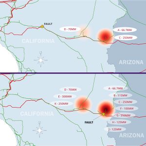 Map of the fault location and affected IBR facilities for the March 9 (top) and April 6 disturbances. 