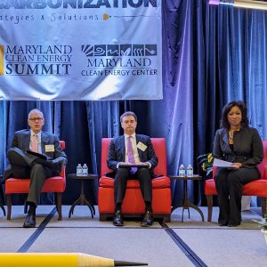 Talking state policy at the Maryland Clean Energy Summit were (from left) Tom Peterson, Center for Climate Solutions; MEA Director Paul Pinsky; state Sen. Brian Feldman and Secretary of the Environment Serena McIlwain. 