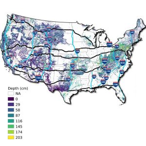 The National Transmission Needs Study looks at possibilities for siting underground transmission lines along existing highway rights-of-way. The dark blue areas here note rugged terrain or shallow bedrock where undergrounding would be difficult and expensive.  