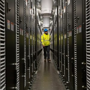 A construction engineer walks through a battery unit at the New York Power Authority’s new battery energy storage system near Chateaugay, N.Y., in May 2023.