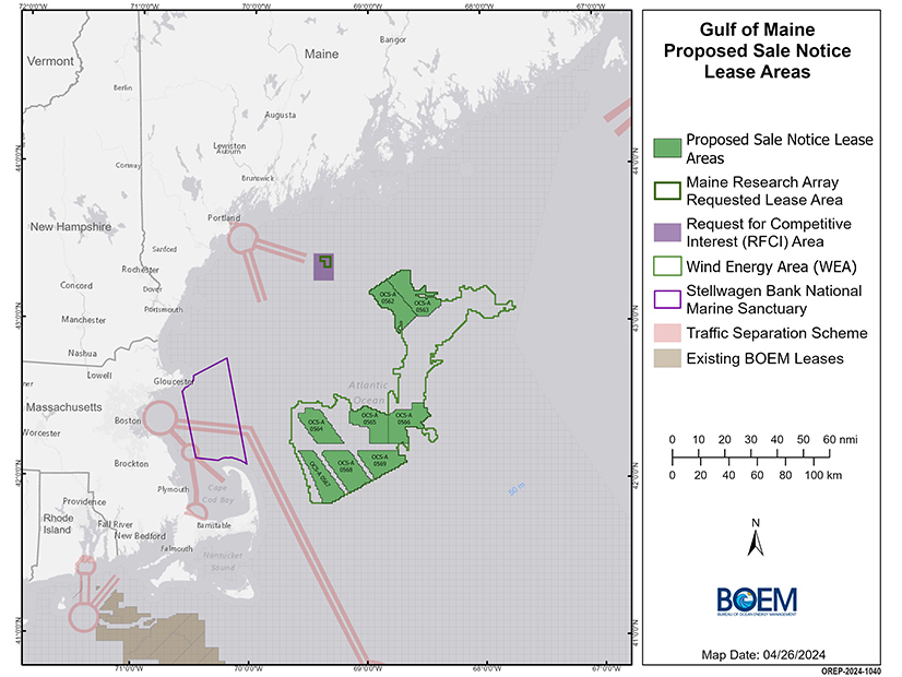 A map shows the proposed research and wind lease areas in the Gulf of Maine.