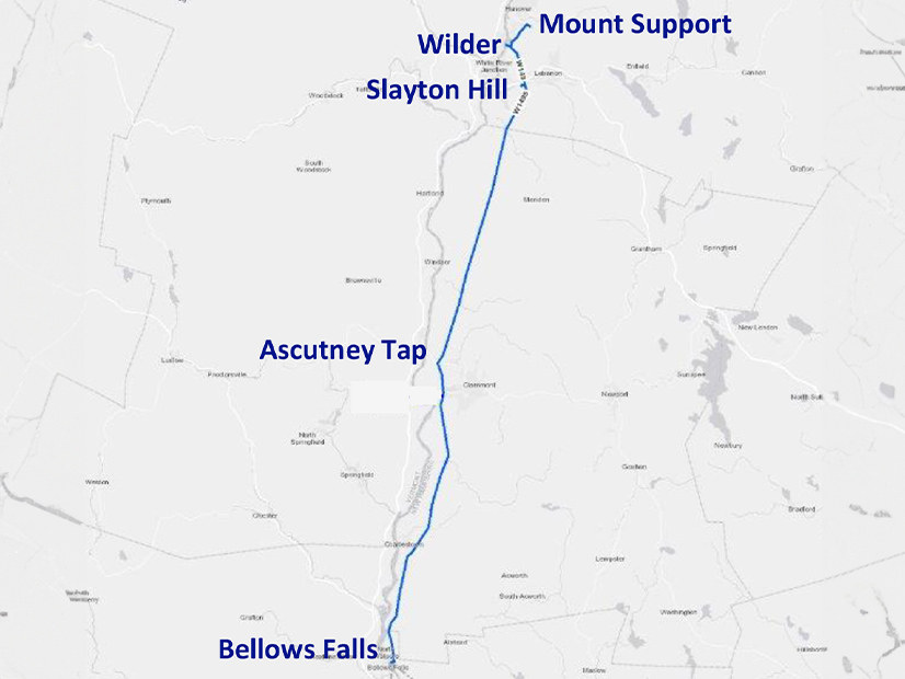 Map of National Grid's proposed asset condition project between Bellows Falls and Hartford, Vt.