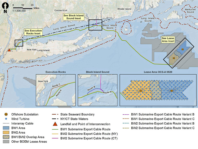 A map depicts the layout of the proposed Beacon Wind offshore wind farm.