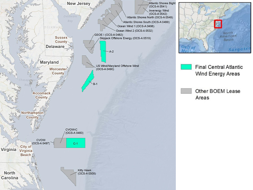 The U.S. Bureau of Ocean Energy Management has concluded there would be little or no environmental impact from leasing three areas off the Central Atlantic coast for wind energy development.